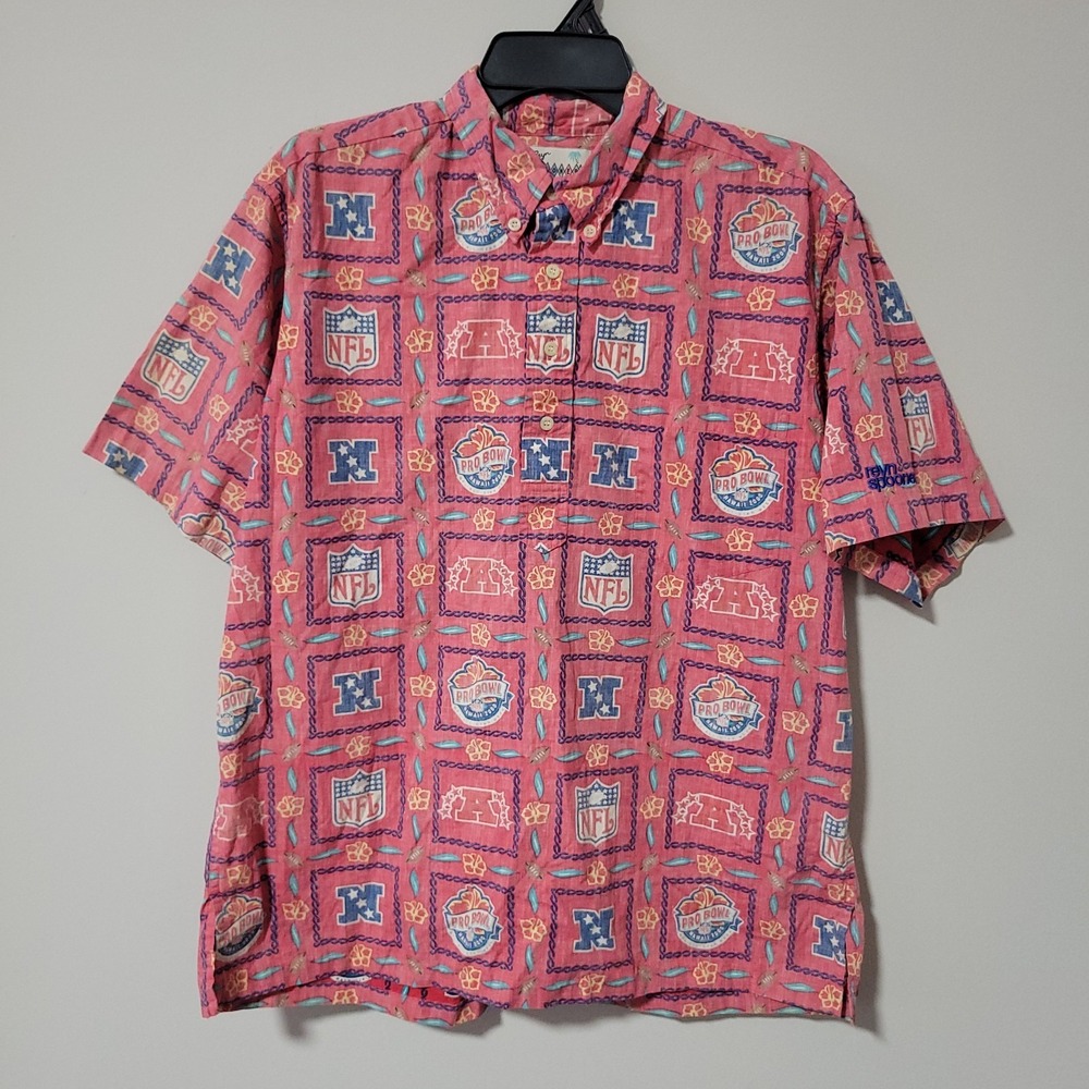 Reyn Spooner NFL Pro Bowl Hawaiian Shirt Mens L Coral Pink All Over Print Cotton